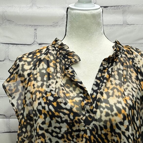 Roan + Ryan Animal Print Ruffle Neck Blouse | Sheer Flutter Sleeve Top | Size S - Picture 2 of 8